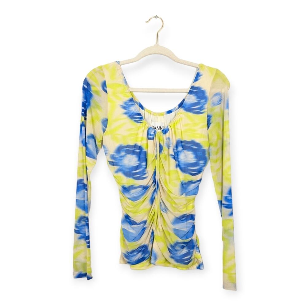 Ganni Mesh Top M Blue Green Hazy Floral Ruched Scoop Neck Statement